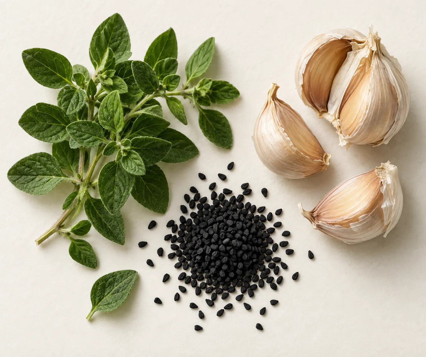 Illustrative arrangement of oregano leaves, black cumin seeds, and garlic cloves