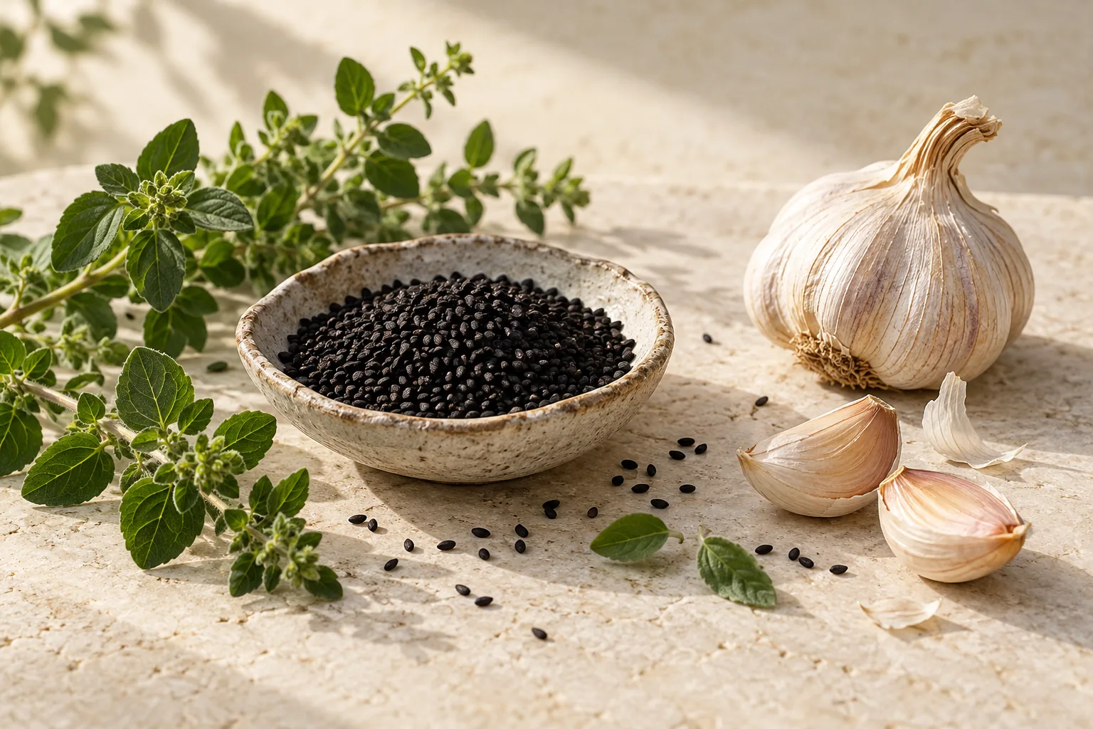 Illustrative arrangement of oregano, black cumin seeds, and garlic